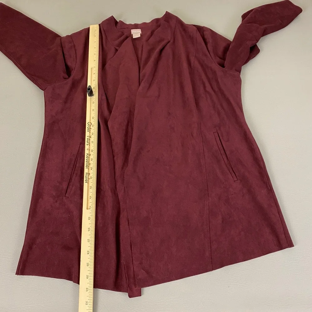 Chicos Cardigan Jacket Size‎ 3 (US XL 16 18) Burgundy Faux Suede Open Front